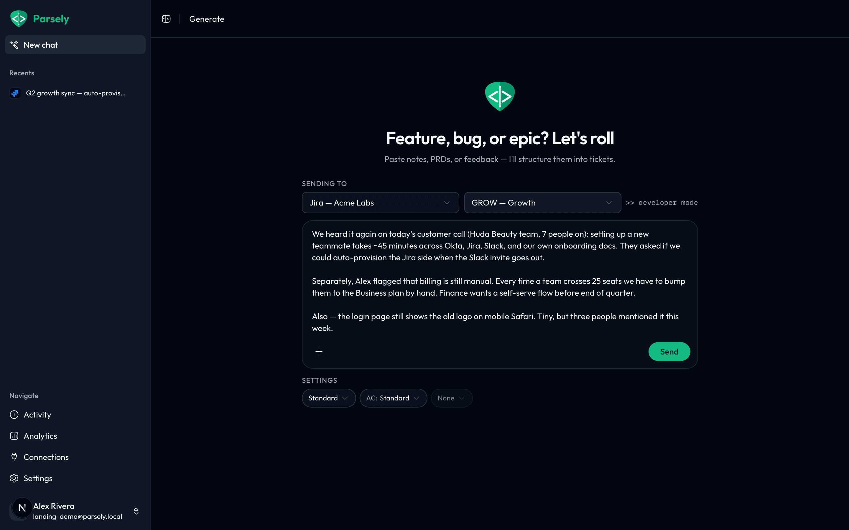 Parsely's compose screen with pasted meeting notes and a Jira project selected