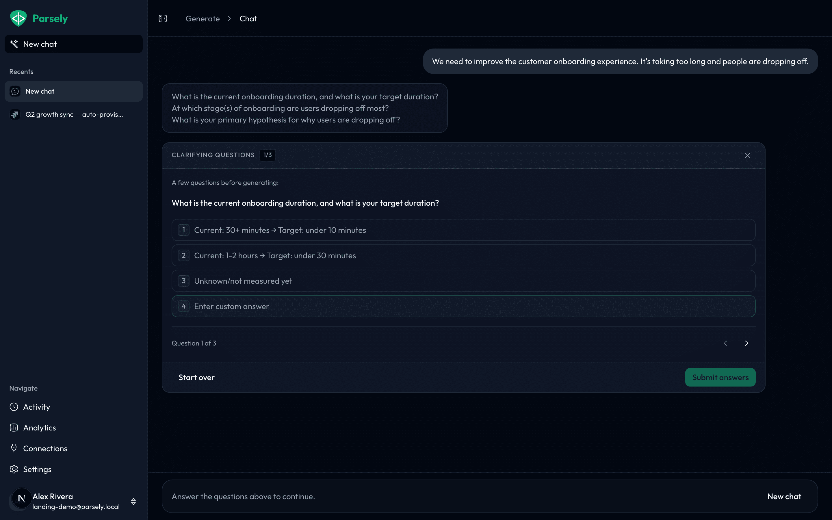 Parsely asking multiple-choice clarifying questions about an ambiguous request