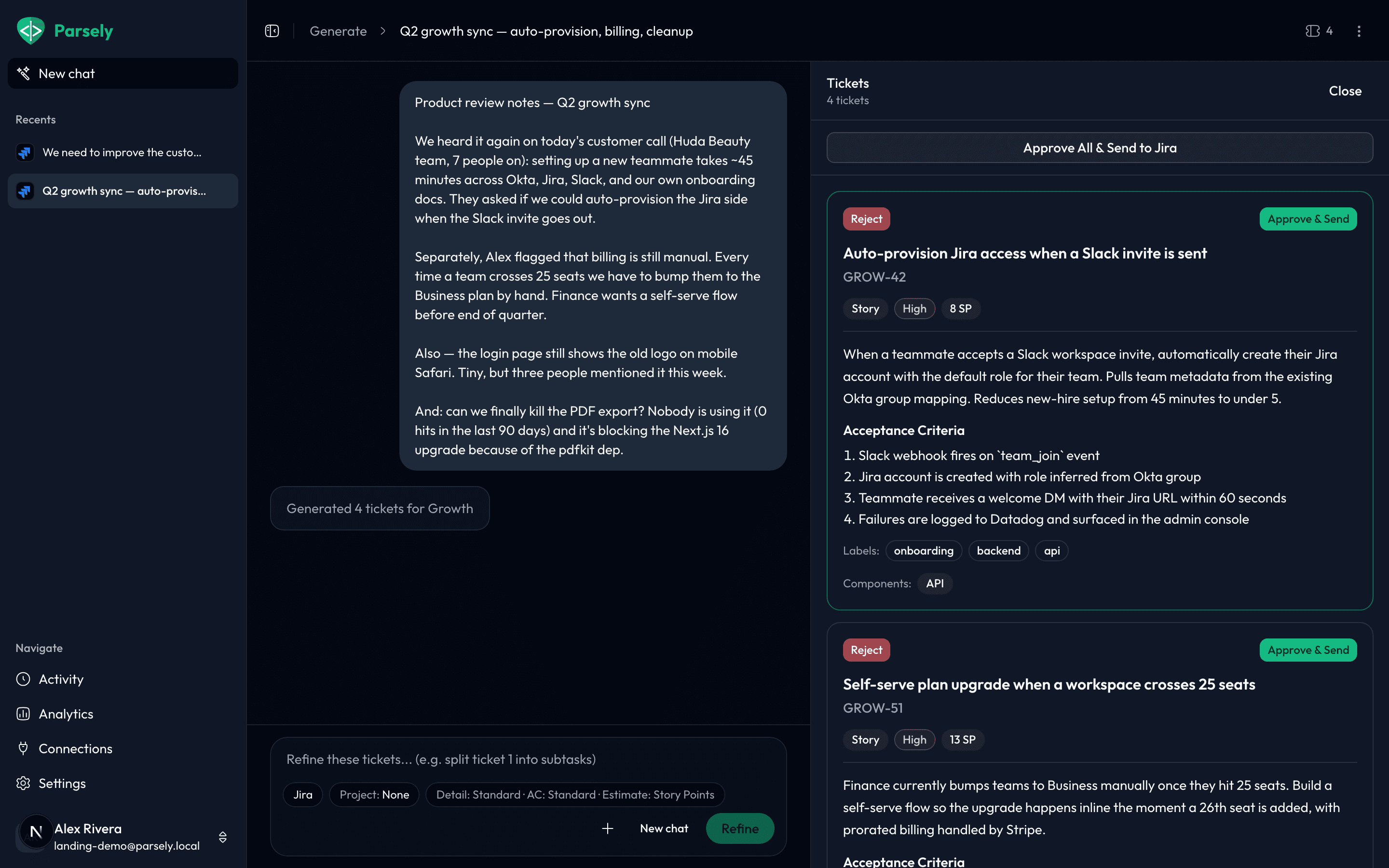 Parsely's ticket review screen showing generated Jira tickets with epic, priority, and acceptance criteria