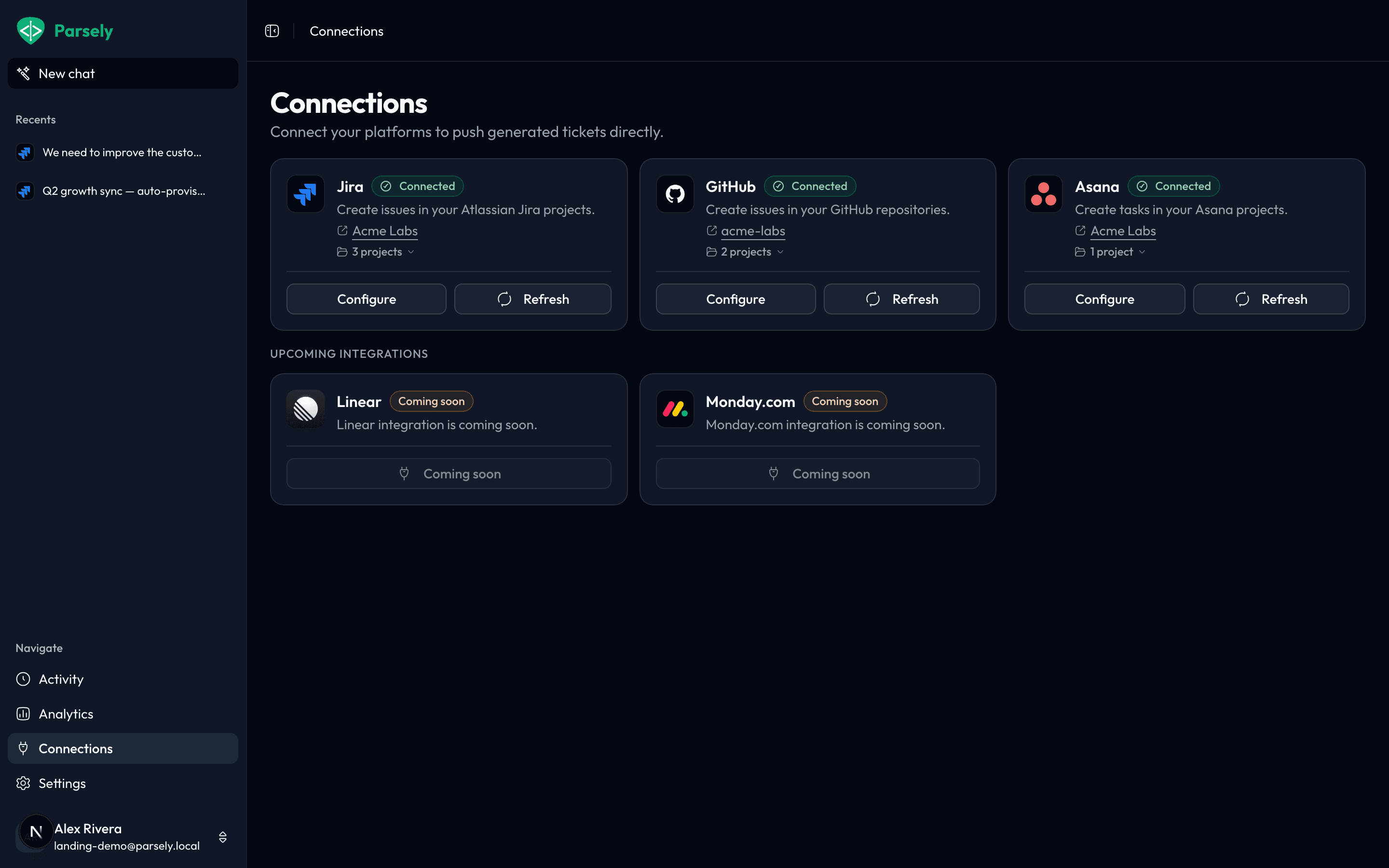 Parsely's connections page with Jira, GitHub, and Asana connected